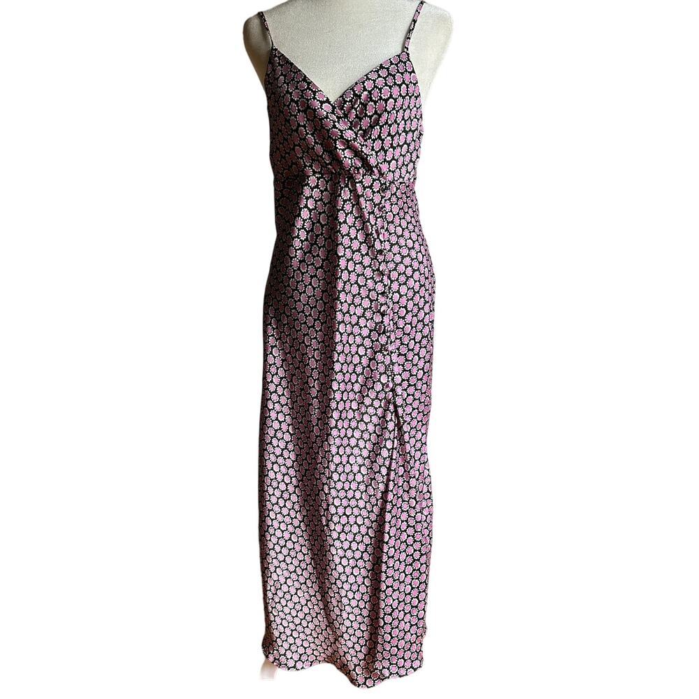 ZARA | Daisy Print Satin Midi Slip Dress with Slit - Surplice Bodice | SZ Medium